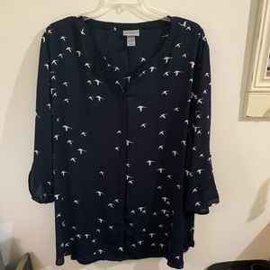 Navy Blouse with White Birds